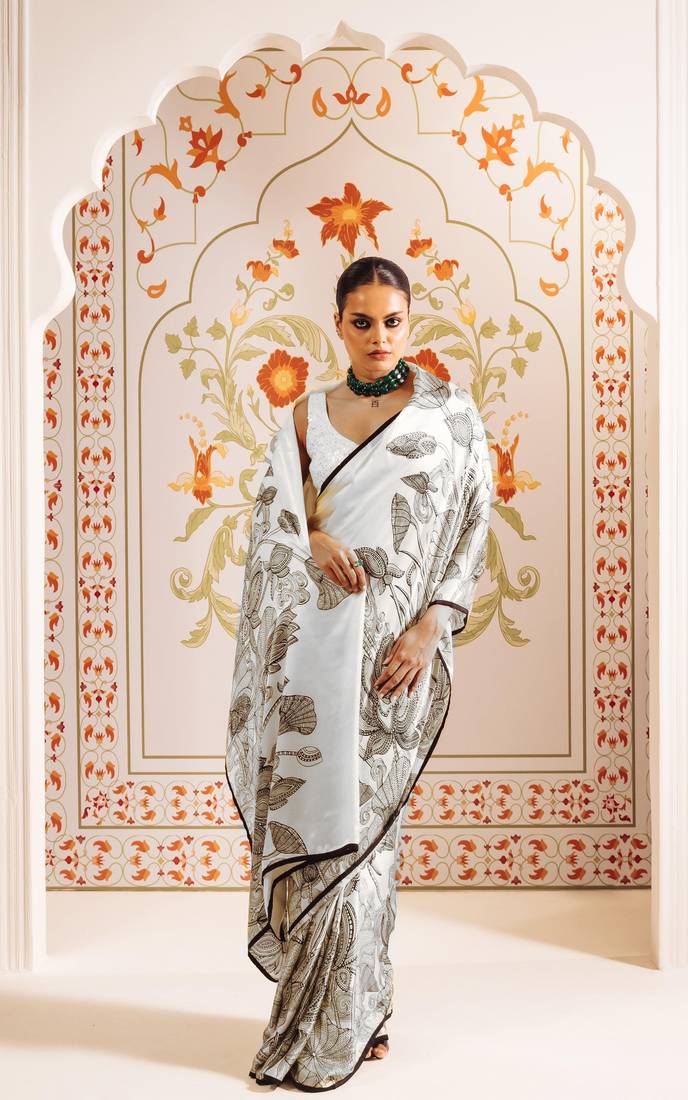 White printed satin saree with blouse piece