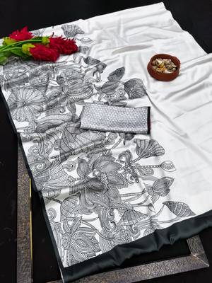 White printed satin saree with blouse piece 5