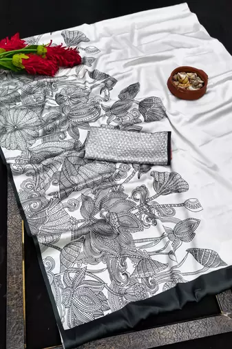 White printed satin saree with blouse piece