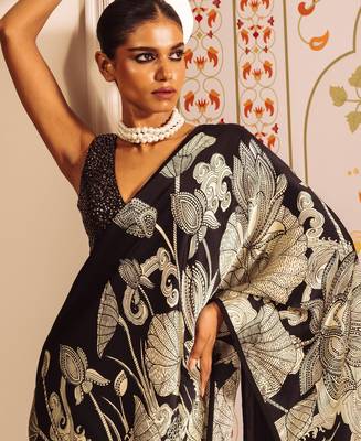 Black printed satin saree with blouse piece 2