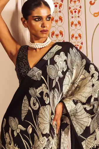 Black printed satin saree with blouse piece