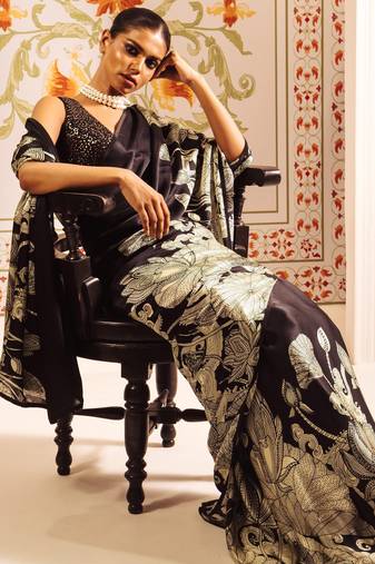 Black printed satin saree with blouse piece