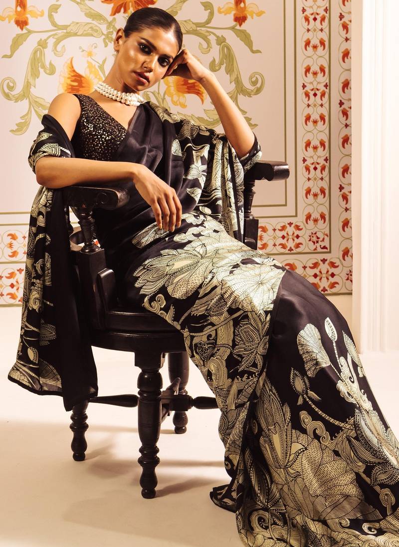 Black printed satin saree with blouse piece