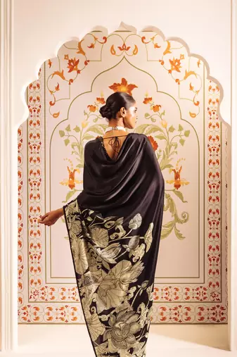 Black printed satin saree with blouse piece