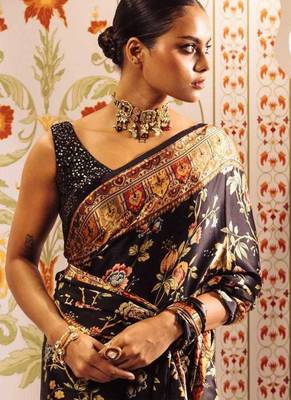Black printed satin saree with blouse piece 2