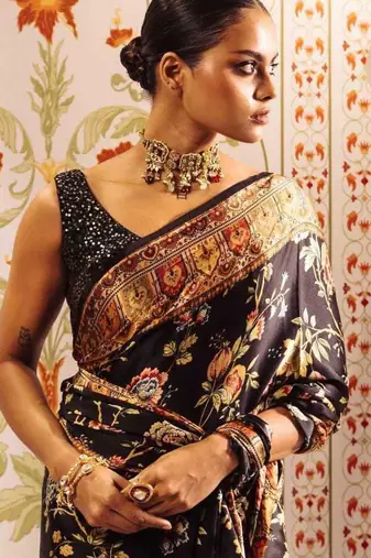 Black printed satin saree with blouse piece