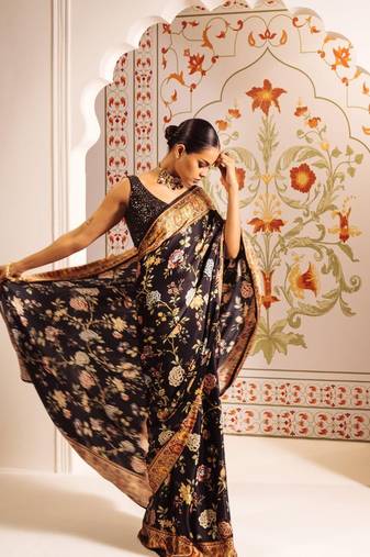 Black printed satin saree with blouse piece