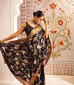 Black printed satin saree with blouse piece