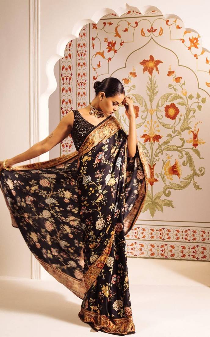 Black printed satin saree with blouse piece