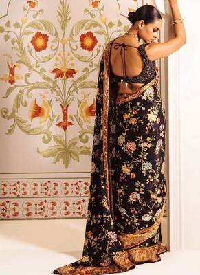 Black printed satin saree with blouse piece 3