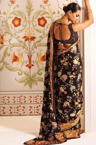 Black printed satin saree with blouse piece