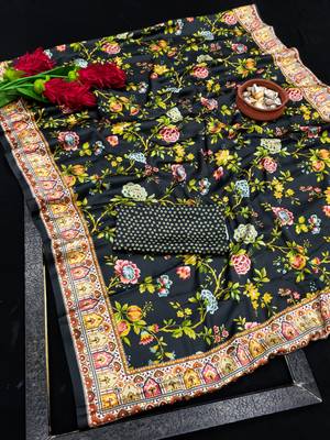 Black printed satin saree with blouse piece 5