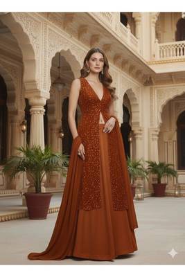 Rust Orange Embellished long choli Lehenga with dupatta 1