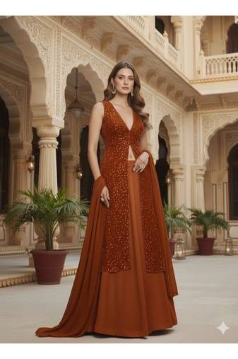 Rust Orange Embellished long choli Lehenga with dupatta
