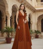 Rust Orange Embellished long choli Lehenga with dupatta