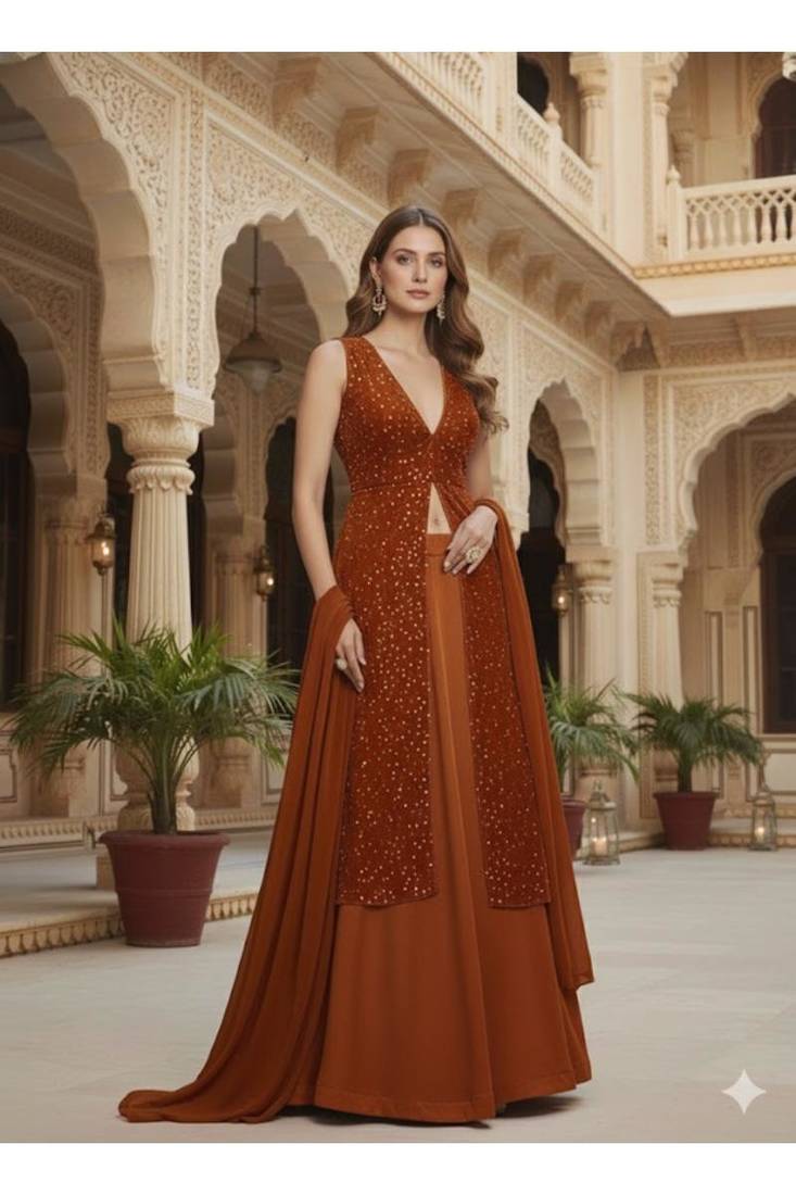 Rust Orange Embellished long choli Lehenga with dupatta
