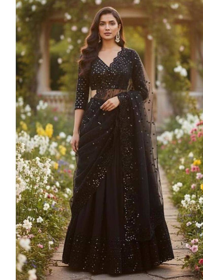 Black Embellished party wear Lehenga with choli and dupatta