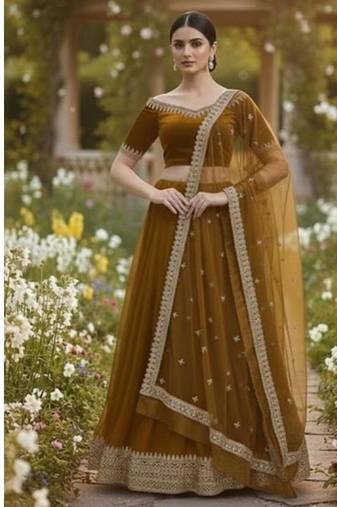 Mustard Brown Lehenga with Embroidered Dupatta