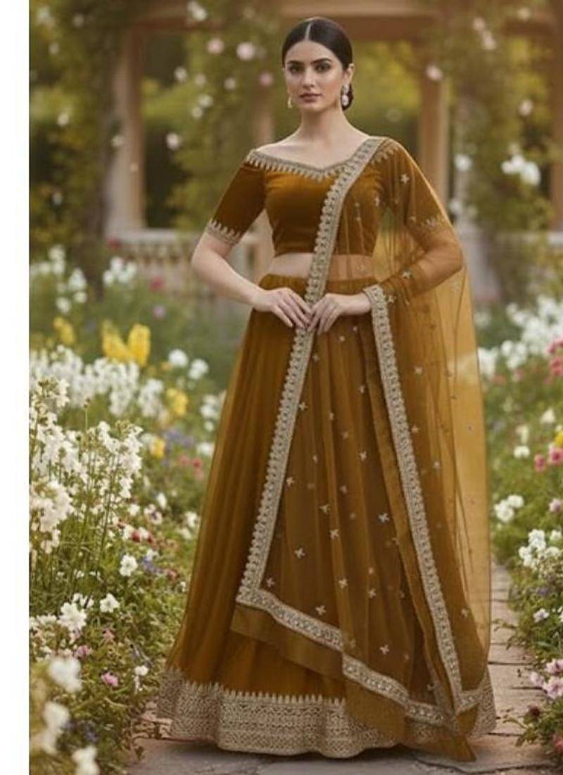 Mustard Brown Lehenga with Embroidered Dupatta
