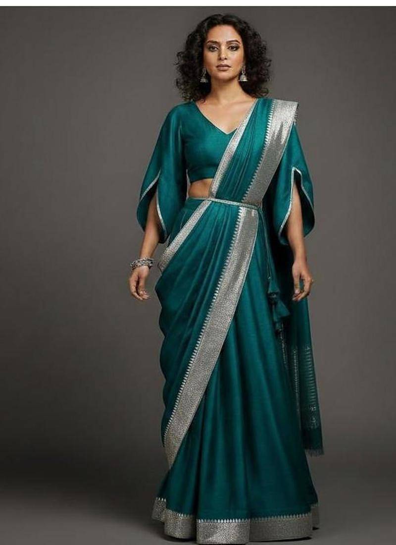 Teal Green Lehenga choli set with Silver Border