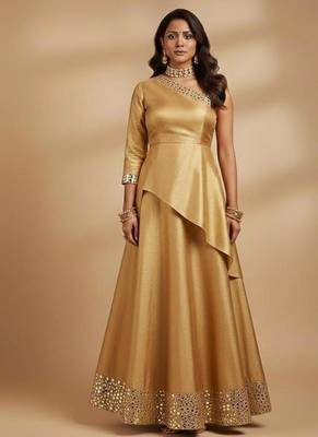 Gold Asymmetrical Anarkali long choli lehenga 1