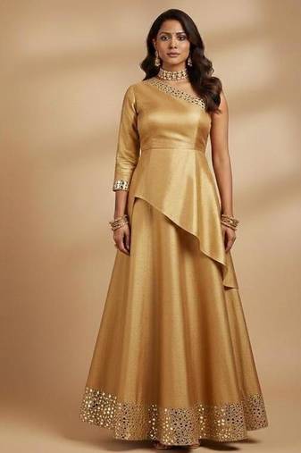 Gold Asymmetrical Anarkali long choli lehenga