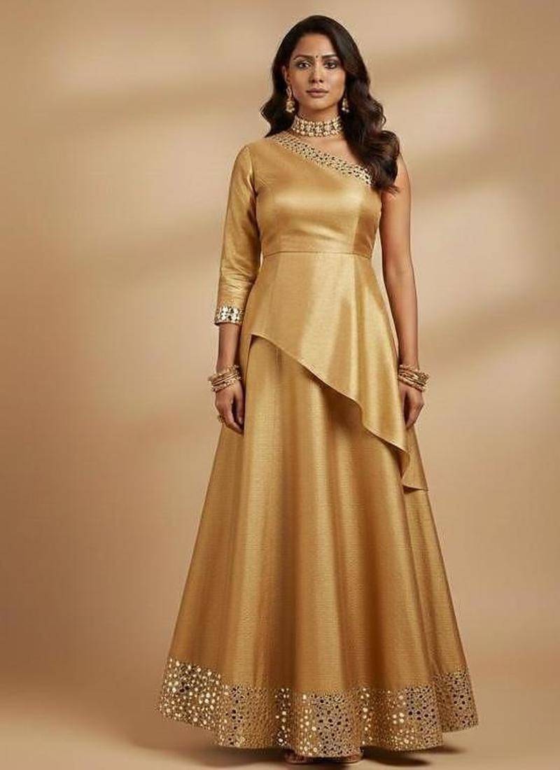 Gold Asymmetrical Anarkali long choli lehenga