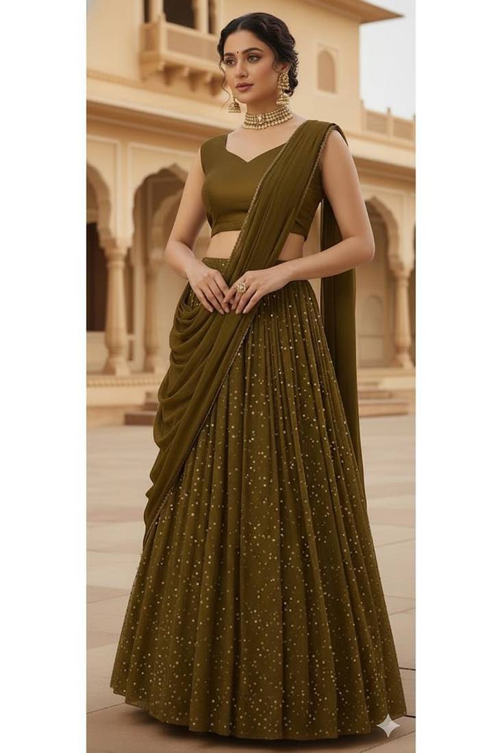 Olive Green sequin Lehenga with choli and Dupatta