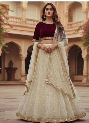 Ivory Lehenga with Maroon Velvet Blouse 1