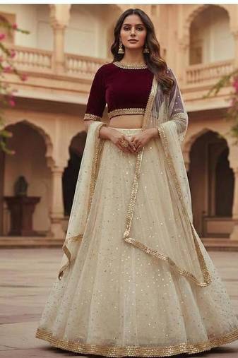 Ivory Lehenga with Maroon Velvet Blouse