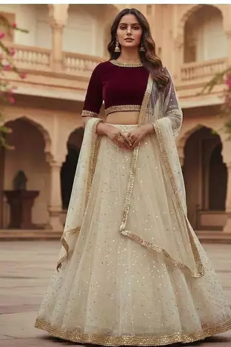 Ivory Lehenga with Maroon Velvet Blouse