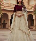 Ivory Lehenga with Maroon Velvet Blouse