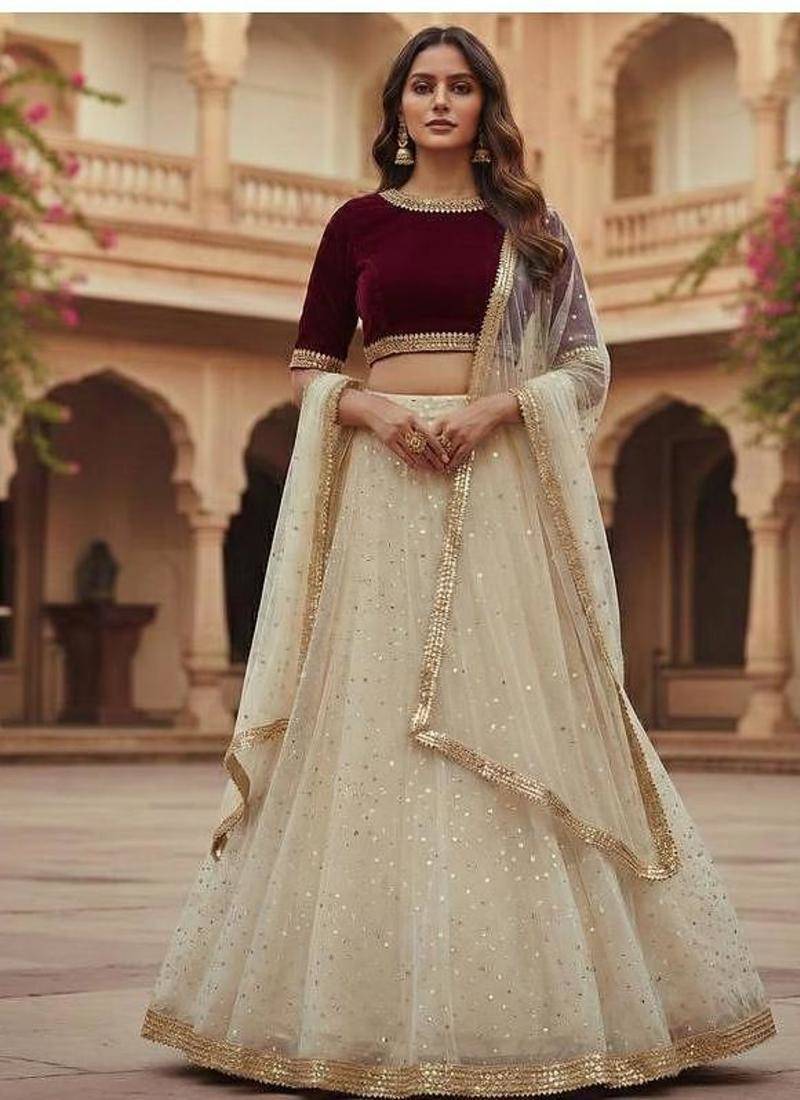 Ivory Lehenga with Maroon Velvet Blouse