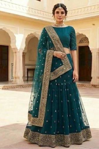 Teal Green Embroidered Lehenga with Dupatta