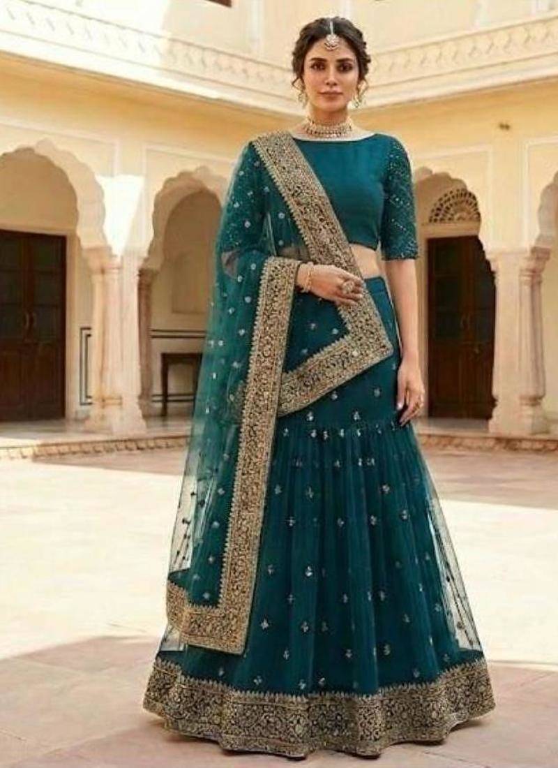 Teal Green Embroidered Lehenga with Dupatta