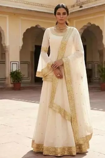 Ivory Anarkali lehenga with Gold Border