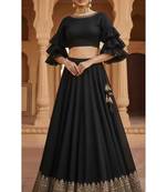 Black Lehenga with Ruffled Sleeve crop top Blouse