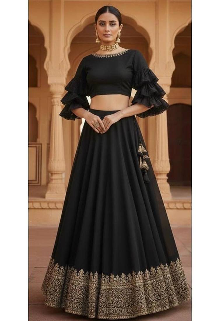 Black Lehenga with Ruffled Sleeve crop top Blouse