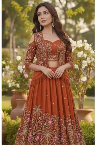 Rust Orange Embroidered Lehenga with Jacket