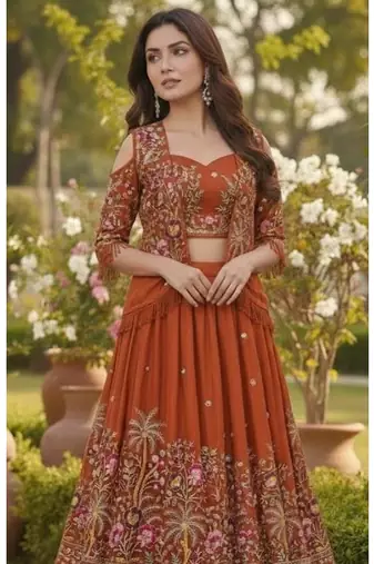Rust Orange Embroidered Lehenga with Jacket