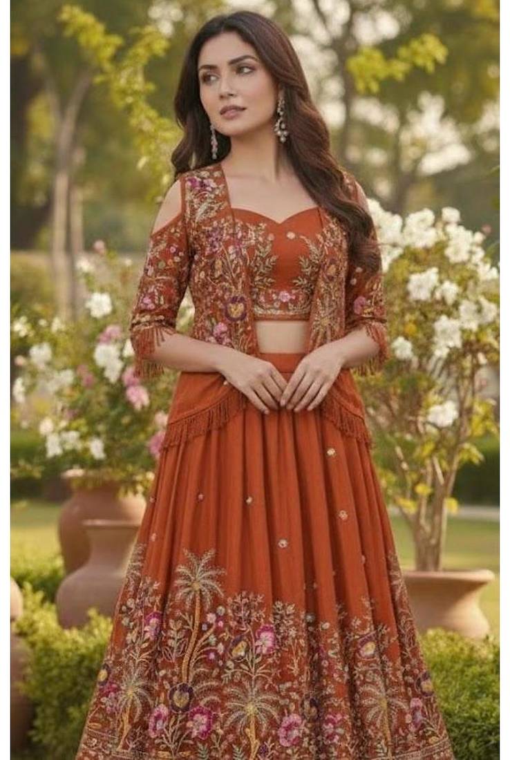 Rust Orange Embroidered Lehenga with Jacket