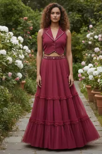 Wine Maroon Tiered crop top Lehenga Set