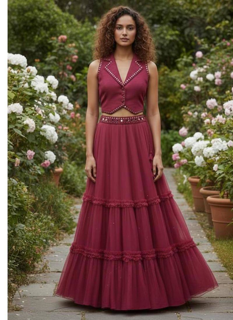 Wine Maroon Tiered crop top Lehenga Set
