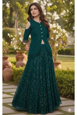 Teal Green Cold-Shoulder long choli Lehenga Set 1