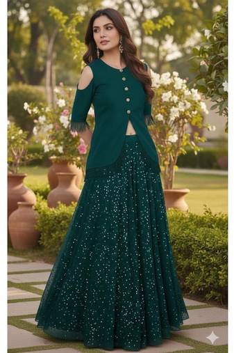 Teal Green Cold-Shoulder long choli Lehenga Set