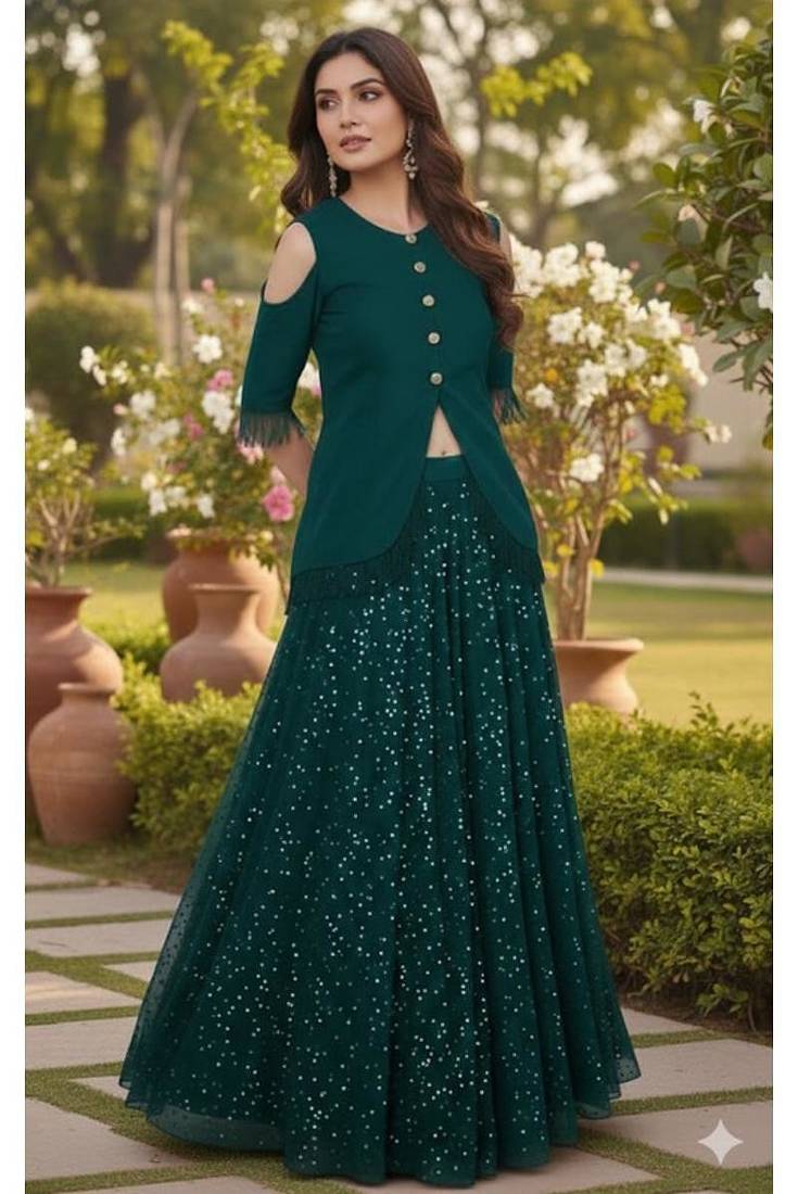 Teal Green Cold-Shoulder long choli Lehenga Set
