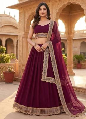 Wine Purple Lehenga Set with dupatta and lace detailing 1