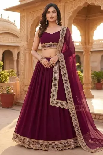 Wine Purple Lehenga Set with dupatta and lace detailing