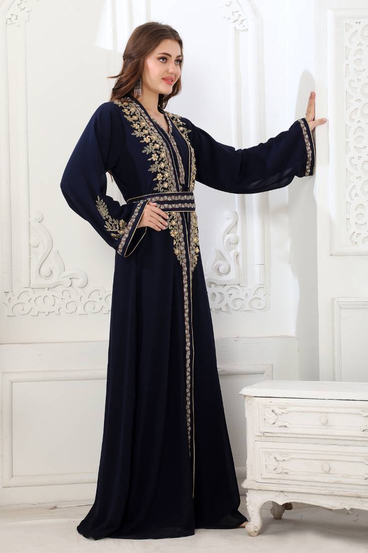 Royal blue georgette cutdana work kaftan