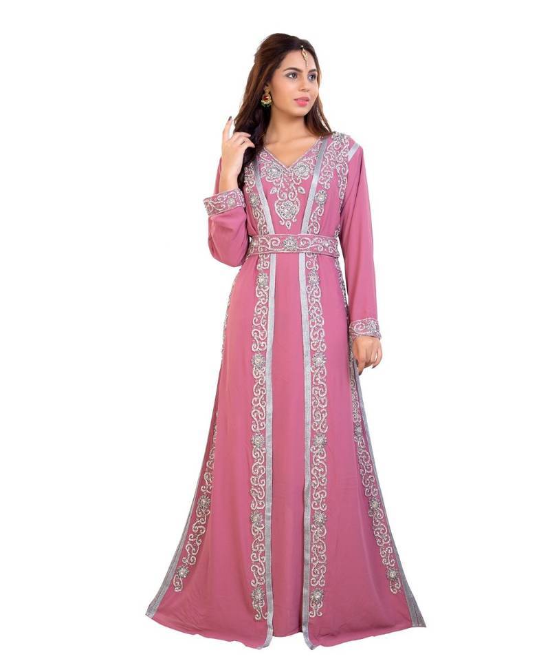 Pink georgette embroidered zari work islamic kaftan